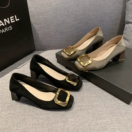 2024年春秋百搭新款少女网红法式浅口单鞋女士粗跟气质工作鞋黑色商品大图