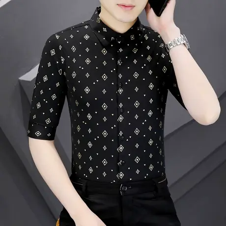 夏季七分袖高级感男装衬衣韩版潮流休闲男士中袖ins痞帅短袖衬衫商品大图