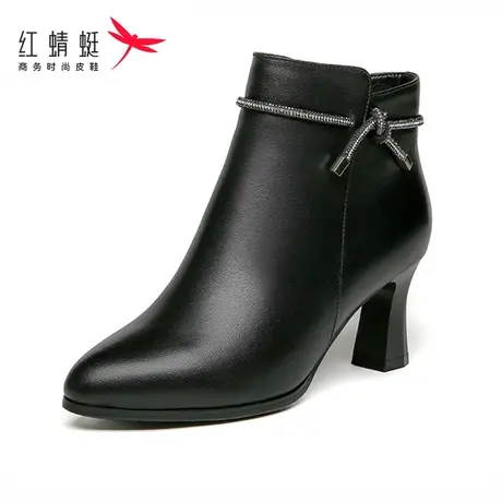 红蜻蜓女鞋春秋款时尚牛皮短靴加绒水钻高跟通勤舒适透气软皮防滑商品大图