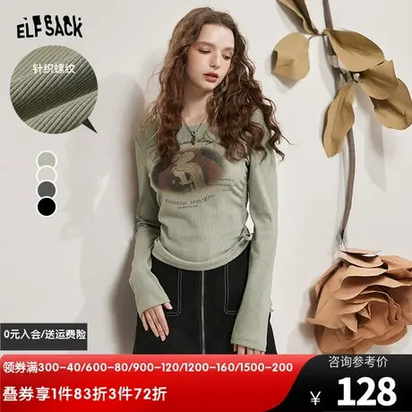 妖精的口袋bm短款正肩t恤女2024春秋新款圆领长袖抽绳印花打底衫图片