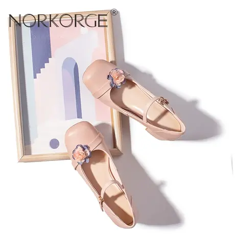 2024新款秋复古仙女风文艺雾粉色玛丽珍单鞋女真皮方头粗跟高跟鞋图片