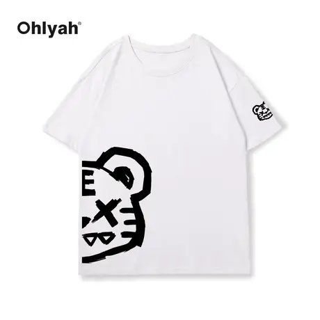 Ohlyah卡通小老虎年潮牌纯棉圆领T恤女中性情侣黑色短袖班服定制商品大图