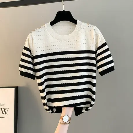 条纹冰丝短袖t恤女2023新款夏季休闲正肩针织体恤衫短款百搭上衣商品大图