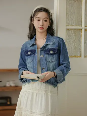 秋装设计感小众毛边牛仔外套女短款美式复古撞色夹克港风显瘦上衣图片