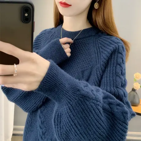 圆领毛衣女加厚打底衫2023秋冬新款宽松灯笼袖外穿针织衫内搭上衣商品大图