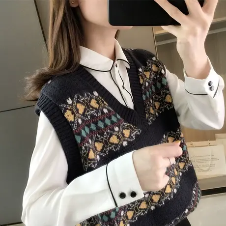 春秋装新款女士马甲背心针织外搭复古V领毛衣马夹韩版时尚外穿商品大图
