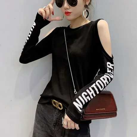 2023春装新款性感露肩T恤女长袖显瘦心机上衣洋气百搭内打底衫潮商品大图