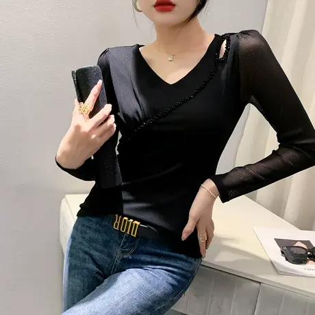 性感网纱打底衫女长袖秋装欧货镂空V领上衣时尚百搭钉珠T恤设计感商品大图