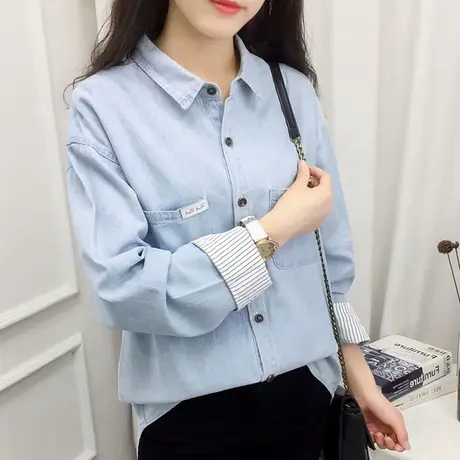 韩版BF男友风宽松牛仔衬衫女长袖秋装新款学生小清新外套复古衬衣商品大图