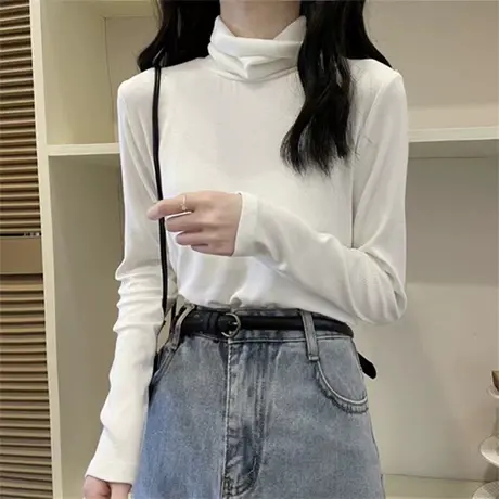 白色半高领打底衫女春秋新款内搭长袖紧身洋气春秋上衣百搭打底衫图片