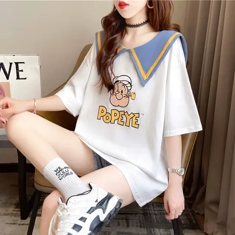 设计感小众短袖t恤女夏季韩版宽松中长款下衣失踪娃娃领上衣服潮商品大图