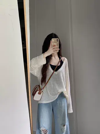 镂空V领防晒针织罩衫女夏季薄款复古港味chic宽松外穿长袖上衣ins商品大图