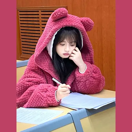 奶呼呼小熊耳朵连帽羊羔毛绒外套女秋冬日系可爱加厚宽松棉服卫衣商品大图