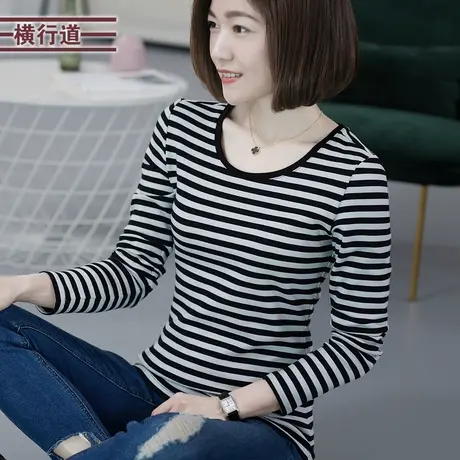 圆领条纹长袖纯棉修身2023打底衫内搭冬装上衣服t恤小衫大码女装图片