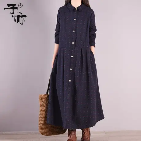 子亦冬装新款宽松印花长款加绒加厚休闲百搭打底衬衫连衣裙女商品大图