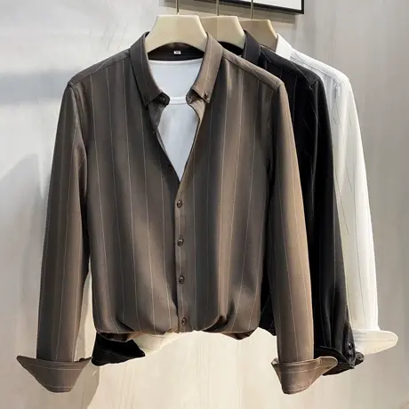 2023春秋衬衫男长袖免烫提花寸衫韩版高级感轻条纹衬衣加绒加厚商品大图