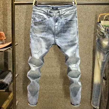破洞痞帅牛仔裤男潮流补丁修身裤子浅蓝色夏季薄款时尚百搭小脚裤商品大图