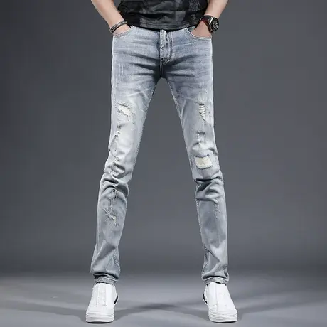 2023新款美式破洞牛仔裤男款修身小直筒浅色烂洞补丁潮流男士裤子商品大图