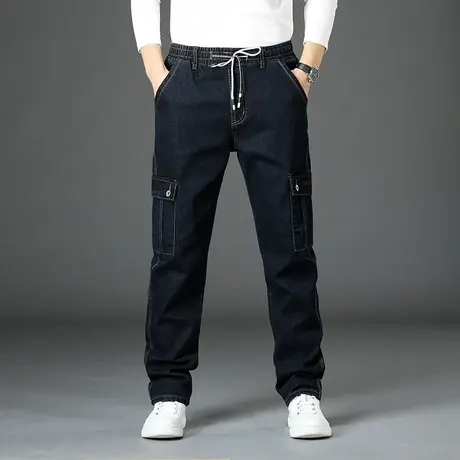 冬季新款弹力牛仔裤男宽松加肥加大码直筒工装多口袋松紧腰深裆胖图片