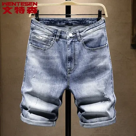 蓝色牛仔短裤男韩版潮流休闲百搭2023夏季新款男士蓝色中裤子弹力商品大图