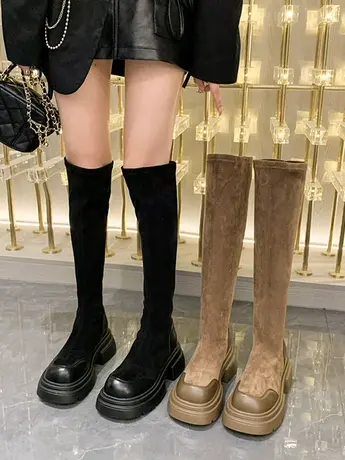 过膝靴长靴女2023秋季新款粗跟复古圆头显腿长气质显瘦袜靴高筒靴商品大图