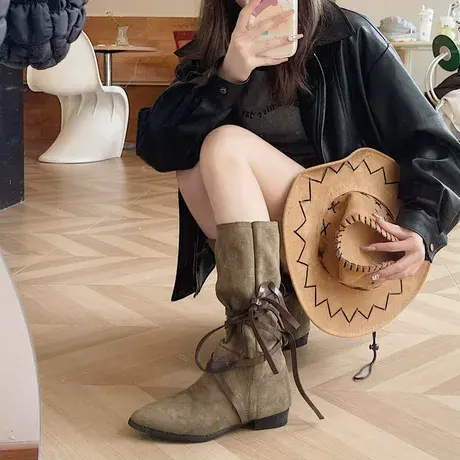 高筒长靴女夏季薄款西部牛仔堆堆靴长筒靴子2023年新款夏款骑士靴商品大图