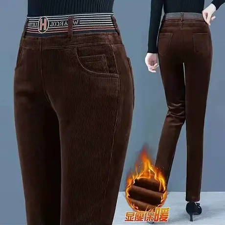 咖色灯芯绒裤子女秋冬加绒小脚裤松紧高腰显瘦弹力直筒休闲铅笔裤商品大图