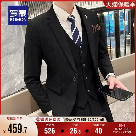 罗蒙格子西装男秋季新款商务休闲职业西服套装结婚新郎礼服三件套商品大图