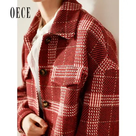 Oece2022秋冬新款女装 复古落肩英伦格纹短款毛呢外套小个子大衣商品大图