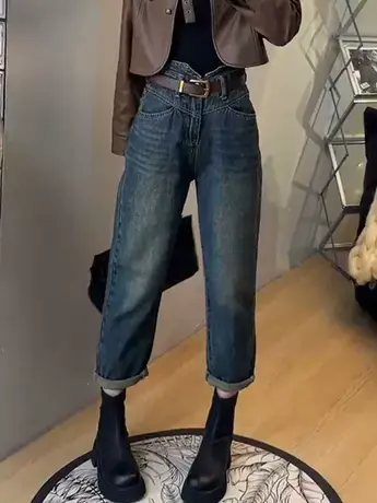 爆款复古蓝高腰哈伦牛仔裤女初秋季2023年新款显瘦九分老爹裤潮款图片