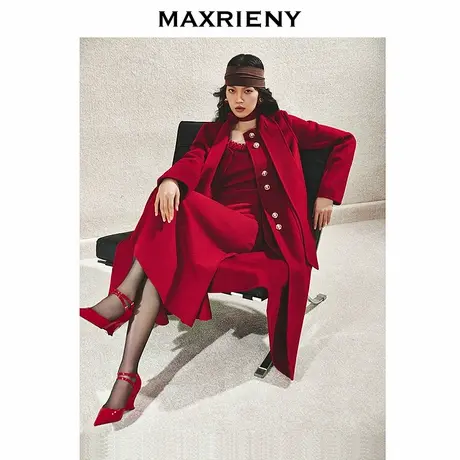 【商场同款-节庆穿搭】MAXRIENY静奢极简新年红中长外套羊毛大衣图片