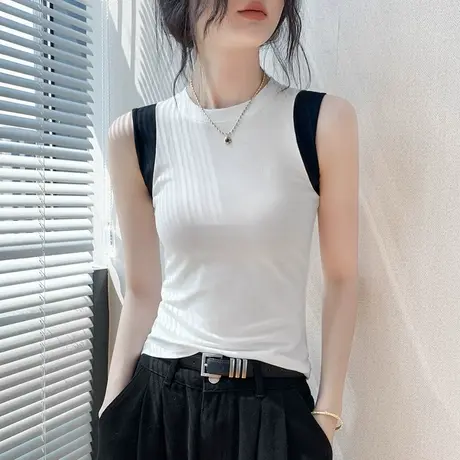 撞色圆领打底背心女2025夏季新款修身显瘦外穿运动高级感无袖上衣商品大图