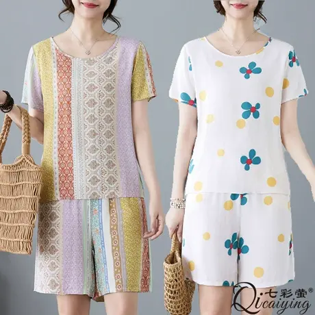 妈妈棉绸睡衣女夏季可外穿小个子时尚短袖短裤两件套装夏天家居服商品大图