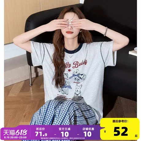 唐狮2025夏季女新款短袖T恤灰色纯棉圆领小狗印花休闲时尚流行商品大图