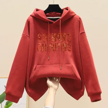 2023秋冬新款珠片字母刺绣卫衣女连帽宽松外套百搭加绒套头上衣潮商品大图