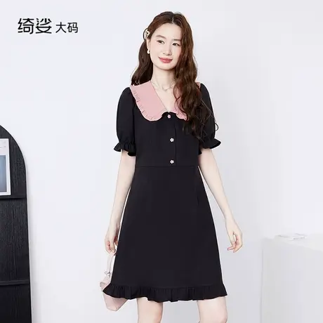 绮娑夏季新款大码女装娃娃领减龄A字裙收腰显瘦藏肉胖妹妹连衣裙图片