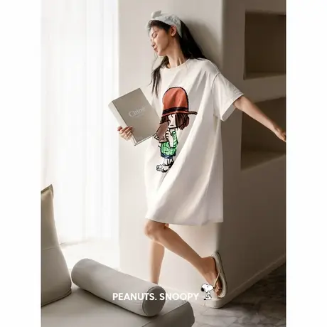 贝妍史努比睡裙女夏薄款纯棉短袖睡衣可爱减龄少女宽松白色连衣裙商品大图