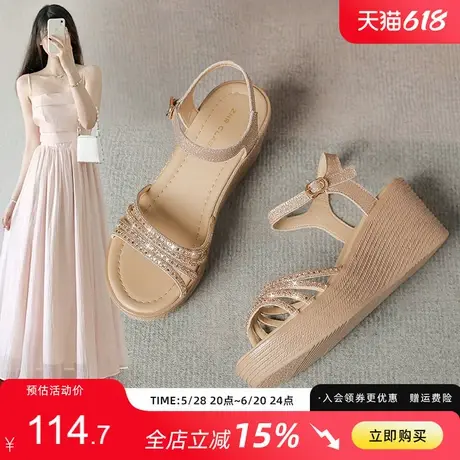 ZHR坡跟凉鞋女2025夏季新款水钻一字带外穿厚底增高仙女风妈妈鞋商品大图