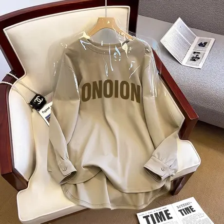 美式复古奶系卫衣圆领显瘦胖mm大码薄款春秋外套ins潮小个子上衣图片