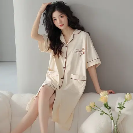 浪莎睡裙女夏季新款纯棉短袖睡衣宽松大码中长款家居服套装86041商品大图