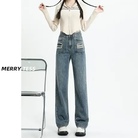 浅蓝窄版直筒牛仔裤女2023年夏季新款设计感破洞港风宽松阔腿裤子商品大图