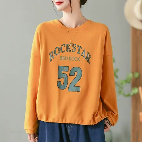 dza 复古印花纯棉宽松卫衣女士春秋圆领套头长袖上衣休闲短款外套商品大图