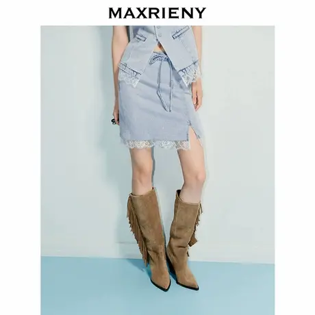【奥莱】MAXRIENY率性都市风直通开叉半裙水洗牛仔短裙商品大图