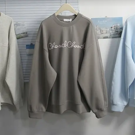 2023春秋薄款宽松慵懒套头大版外套刺绣字母休闲学生圆领卫衣女商品大图