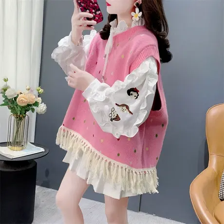 韩系点点流苏针织马甲背心女春季2025年新款宽松洋气百搭叠穿坎肩商品大图
