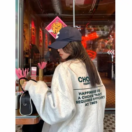 2025新款秋季卫衣女美式宽松慵懒风oversize套头加绒圆领上衣外套图片