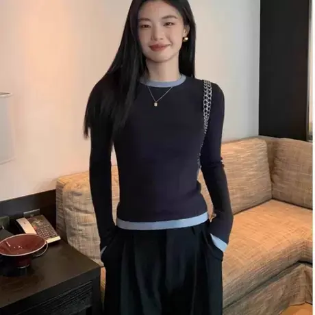 撞色毛衣针织内搭打底衫女早秋季穿搭韩系氛围高级感修身长袖上衣商品大图