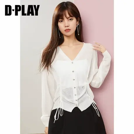 DPLAY2022年秋新休闲白色V领针织开衫侧抽绳针织空调开衫图片