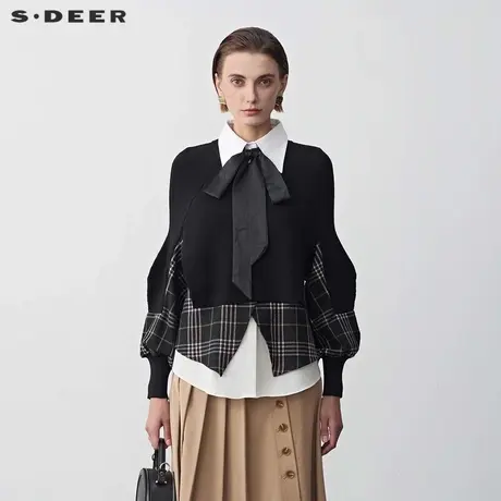 sdeer圣迪奥女装罗纹圆领格纹拼接宽松针织衫S23483519商品大图