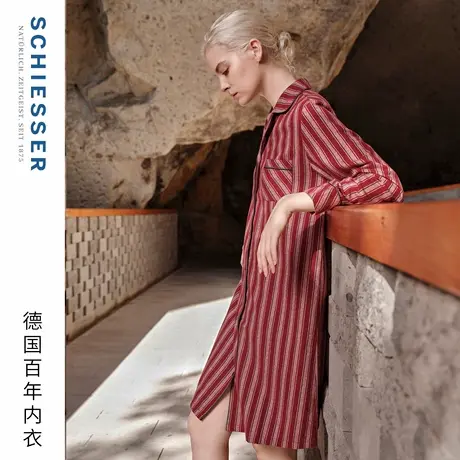 SCHIESSER舒雅25早秋新品女士纯棉翻领开衫条纹大码睡裙家居服商品大图